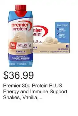 Costco Premier 30g Protein PLUS Energy and Immune Support Shakes, Vanilla, 11 fl oz, 18-pack offer
