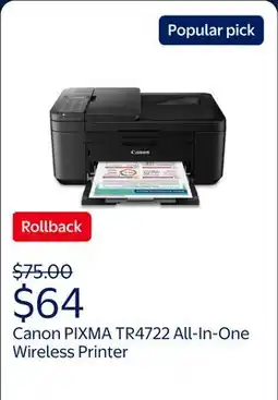 Walmart Canon PIXMA TR4722 All-In-One, Wireless Color Inkjet Printer for Home Office Use offer