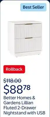 Walmart Better Homes & Gardens Lillian Fluted 2-Drawer Nightstand with USB, White Finish offer