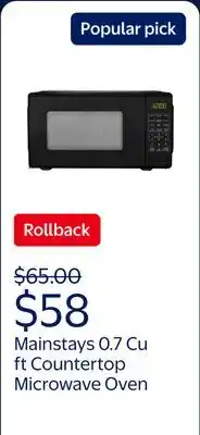 Walmart Mainstays 0.7 Cu ft Countertop Microwave Oven, 700 Watts, Black offer
