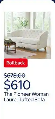 Walmart The Pioneer Woman Laurel Tufted Sofa, Cream Velvet offer