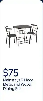 Walmart Mainstays 3 Piece Metal and Wood Dining Set, Black and Espresso Color for Indoor offer