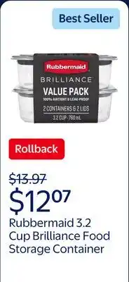 Walmart Rubbermaid 3.2 Cup Brilliance Stain-Proof Food Storage Container offer