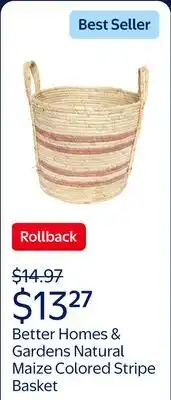 Walmart Better Homes & Gardens Natural Maize Colored Stripe Basket, Terracotta, Large offer