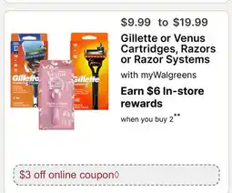 Walgreens Gillette or Venus Cartridges, Razors or Razor Systems offer