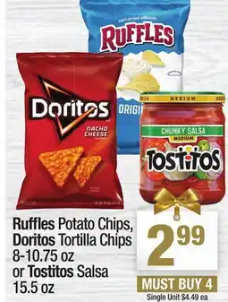Super King Markets Ruffles Potato Chips, Doritos Tortilla Chips 8-10.75 oz or Tostitos Salsa 15.5 oz offer