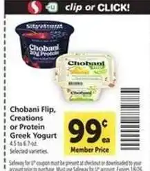 Safeway Chobani Flip, Creations or Protein Greek Yogurt offer