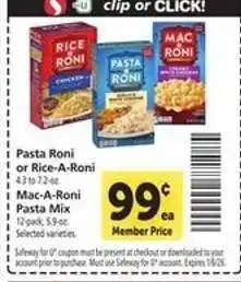 Safeway Pasta Roni or Rice-A-Roni, Mac-A-Roni Pasta Mix offer