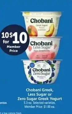 Safeway Chobani Greek, Less Sugar or Zero Sugar Greek Yogurt offer