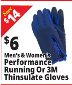 Ocean State Job Lot Men's & Women's Performance Running or 3M Thinsulate Gloves offer