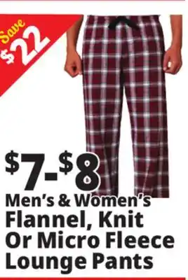 Ocean State Job Lot Men's & Women's Flannel, Knit or Micro Fleece Lounge Pants offer