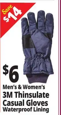Ocean State Job Lot Men's & Women's 3M Thinsulate Casual Gloves Waterproof Lining offer