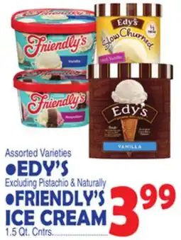 Bravo Supermarkets EDY'S Excluding Pistachio & Naturally FRIENDLY'S ICE CREAM 1.5 Qt.Cntrs offer