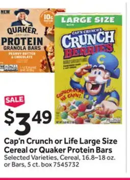 Stop&Shop Cap'n Crunch or Life Large Size Cereal or Quaker Protein Bars offer