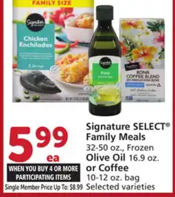 Vons Signature SELECT Family Meals 32-50 oz., Frozen Olive Oil 16.9 oz. or Coffee 10-12 oz. bag offer