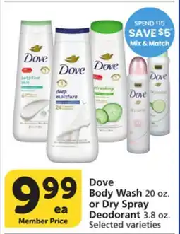Vons Dove Body Wash 20 oz. or Dry Spray Deodorant 3.8 oz offer