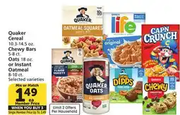 Albertsons Quaker Cereal 10.3-14.5 oz. Chewy Bars 5-8 ct. Oats 18 oz. or Instant Oatmeal 8-10 ct offer