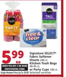Albertsons Signature SELECT Fabric Softener Sheets 240 ct. Kitchen Trash Bags 40-45 ct. or Party Cups 100 ct offer