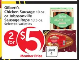 Albertsons Gilbert's Chicken Sausage 10 oz. or Johnsonville Sausage Rope 13.5 oz offer