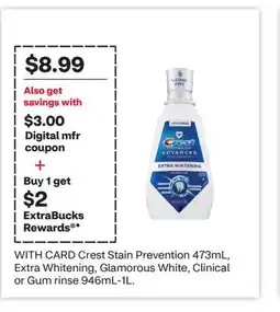 CVS Crest Stain Prevention 473mL, Extra Whitening, Glamorous White, Clinical or Gum rinse 946mL-1L offer