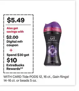 CVS Tide PODS 12, 16 ct., Gain flings! 14-16 ct. or beads 5 oz offer