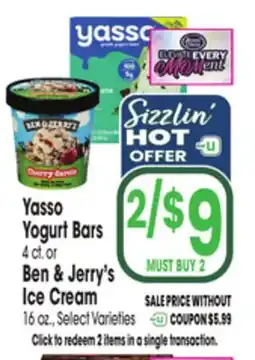 Jewel-Osco Yasso Yogurt Bars 4 ct.or Ben & Jerry's Ice Cream offer