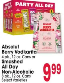 Jewel-Osco Absolut Berry Vodkarita 4 pk., 12 oz. Cans or Smashed All Day Non-Alcoholic 8 pk., 12 oz. Cans offer