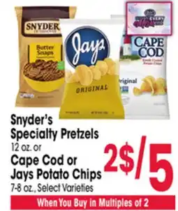 Jewel-Osco Snyder's Specialty Pretzels 12 oz. or Cape Cod or Jays Potato Chips 7-8 oz offer