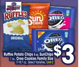 Jewel-Osco Ruffles Potato Chips 8 oz, SunChips 7 oz., Oreo Cookies Family Size 17-18.7 oz offer