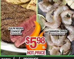 Torres Supermercado PULPA NEGRA CHOICE Top Round Steak, CAMARON CRUDO Jumbo EZ Peel Shrimp offer