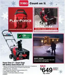 Ace Hardware Toro Power Clear 21, Single Stage 60V Battery Snow Blower Kit offer