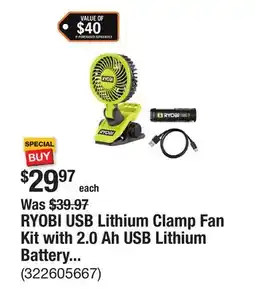 The Home Depot RYOBI USB Lithium Clamp Fan Kit with 2.0 Ah USB Lithium Battery and Charging Cable offer