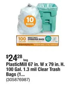 The Home Depot PlasticMill 67 in. W x 79 in. H. 100 Gal. 1.3 mil Clear Trash Bags (10-Count) offer
