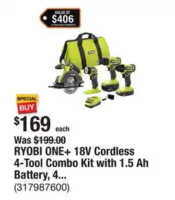 The Home Depot RYOBI ONE+ 18V Cordless 4-Tool Combo Kit with 1.5 Ah Battery, 4.0 Ah Battery, and Charger offer
