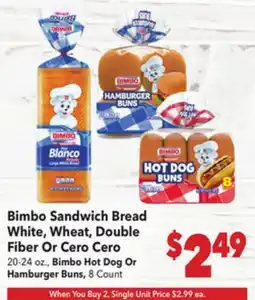 Vallarta Supermarkets Bimbo Sandwich Bread White, Wheat, Double Fiber Or Cero Cero offer