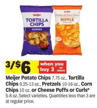 Meijer Potato Chips, Tortilla Chips, Pretzels, Corn Chips, Cheese Puffs or Curls