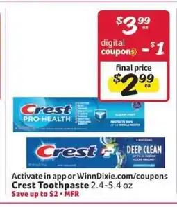 Winn Dixie Crest Toothpaste offer