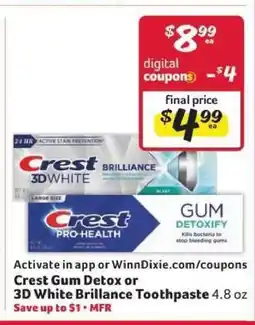 Winn Dixie Crest Gum Detox or 3D White Brillance Toothpaste offer