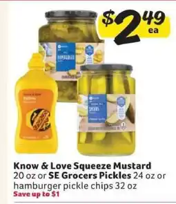 Winn Dixie Know & Love Squeeze Mustard or SE Grocers Pickles offer