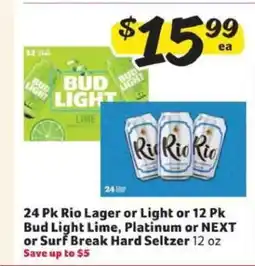 Winn Dixie 24 Pk Rio Lager or Light or 12 Pk Bud Light Lime, Platinum or NEXT or Surf Break Hard Seltzer offer