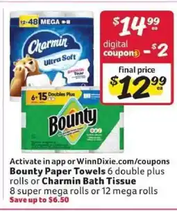 Winn Dixie Bounty Paper Towels or Charmin Bath Tissue offer