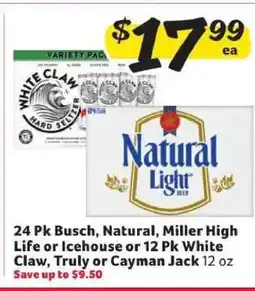 Winn Dixie 24 Pk Busch, Natural, Miller High Life or Icehouse or 12 Pk White Claw, Truly or Cayman Jack offer