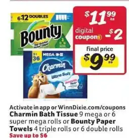 Winn Dixie Charmin Bath Tissue or Bounty Paper Towels offer