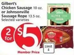 Albertsons Gilbert's Chicken Sausage or Johnsonville sausage rope offer