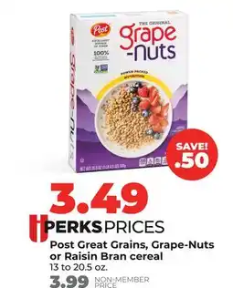 Hy-Vee Post Great Grains, Grape-Nuts or Raisin Bran cereal offer