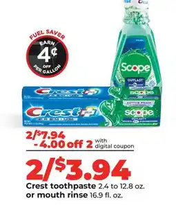 Hy-Vee Crest toothpaste 2.4 to 12.8 oz. or mouth rinse 16.9 fl. oz offer