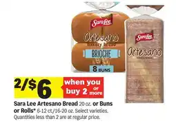 Meijer Sara Lee Artesano Bread 20 oz. or Buns or Rolls offer