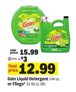 Meijer Gain Liquid Detergent 144 oz. or Flings* 32-60 ct offer