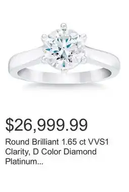 Costco Round Brilliant 1.65 ct VVS1 Clarity, D Color Diamond Platinum Solitaire Ring offer