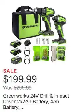 Costco Greenworks 24V Drill & Impact Driver 2x2Ah Battery, 4Ah Battery, Charger offer